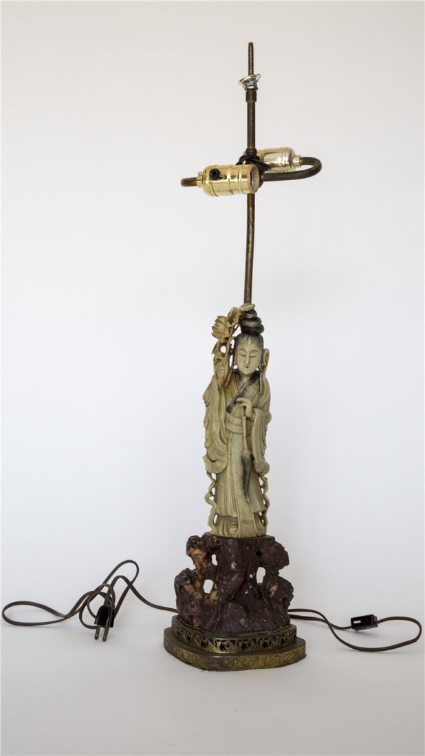 CHINESE SOAPSTONE CARVING: Chinese Soapstone Craved Standing Lady, Mounted as a Lamp, soapstone only 14 in.