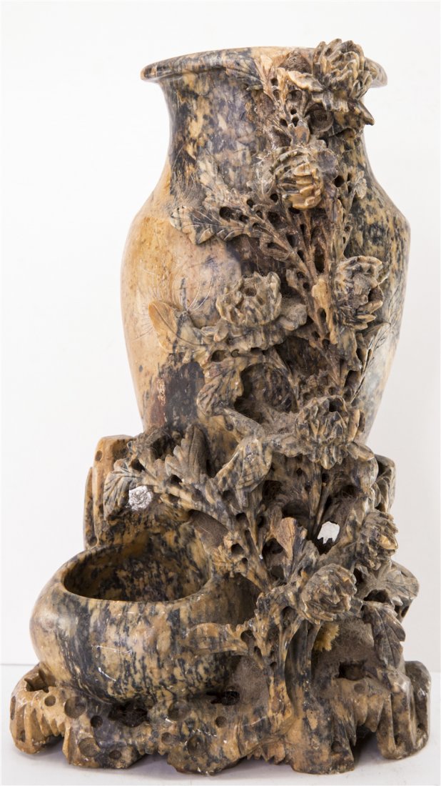 CHINESE SOAPSTONE CARVED VASE: Chinese Soapstone Carved Vase with Floral Design. Ht. 11 in.