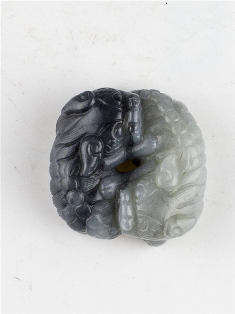 CHINESE JADE DOUBLE COLORS FOO DOGS: Chinese Jade Carved Double Colors Foo Dogs. Lg. 2 in.
