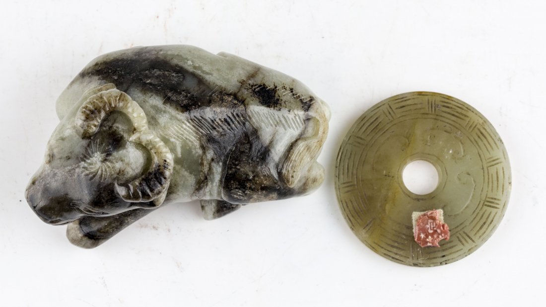 TWO CHINESE GREY JADE CARVINGS: Two Chinese Grey Jade Carvings, One Bi Disk and One Courching Ox. Lg. of OX 4 in.