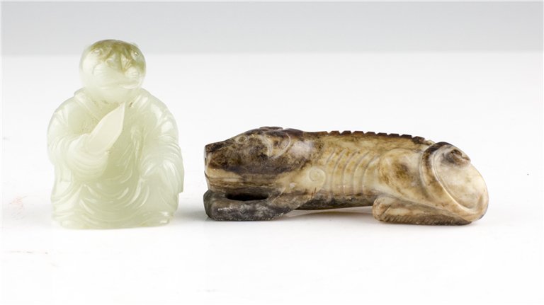 TWO CHINESE JADE CARVINGS: Two Chinese Jade Carvings, One Crouching Beast and One Seated Monkey. 2 3/4"L & 2" H.
