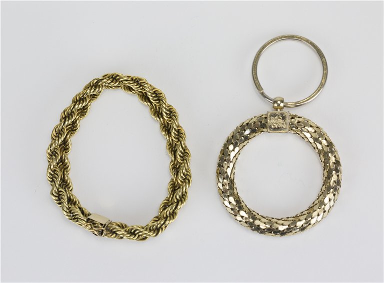 GOLD FILLED FRENCH ROPE CHAIN BRACELET AND RING: Gold Filled French Rope Chain bracelet and a Vintage Whiting Davis Key Chain. Bracelet Lg. 8 1/8 in. Ring Diam. 2 1/8 in.