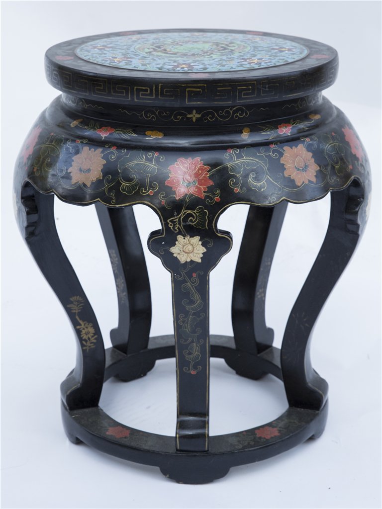 CHINESE CLOSIONNE PLAQUE INLAID ROUND GARDEN STOOL: Chinese Closionne Inlaid Round Garden Stool. Design Overall With Greek Ray, Design Around Edge. Ht. 22 in. Top Diam. 15 in.