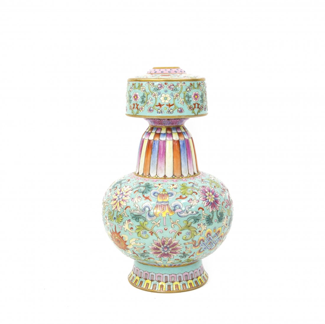 A TURQUOISE-GROUND FAMILLE-ROSE ALTAR VASE: Chinese Turquoise Ground Famille Rose Altar Vase. ht. 10 1/4 in.