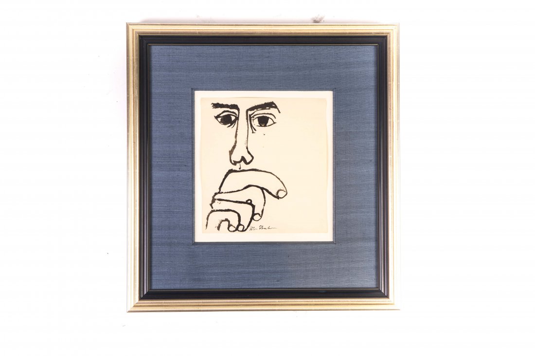 BEN SHAHN INK BRUSH ON PAPER PAINTING: Ben Shahn Ink Brush On Paper. Signed. 1898-1969, Size 11 in. by 10 in. Condition: Good