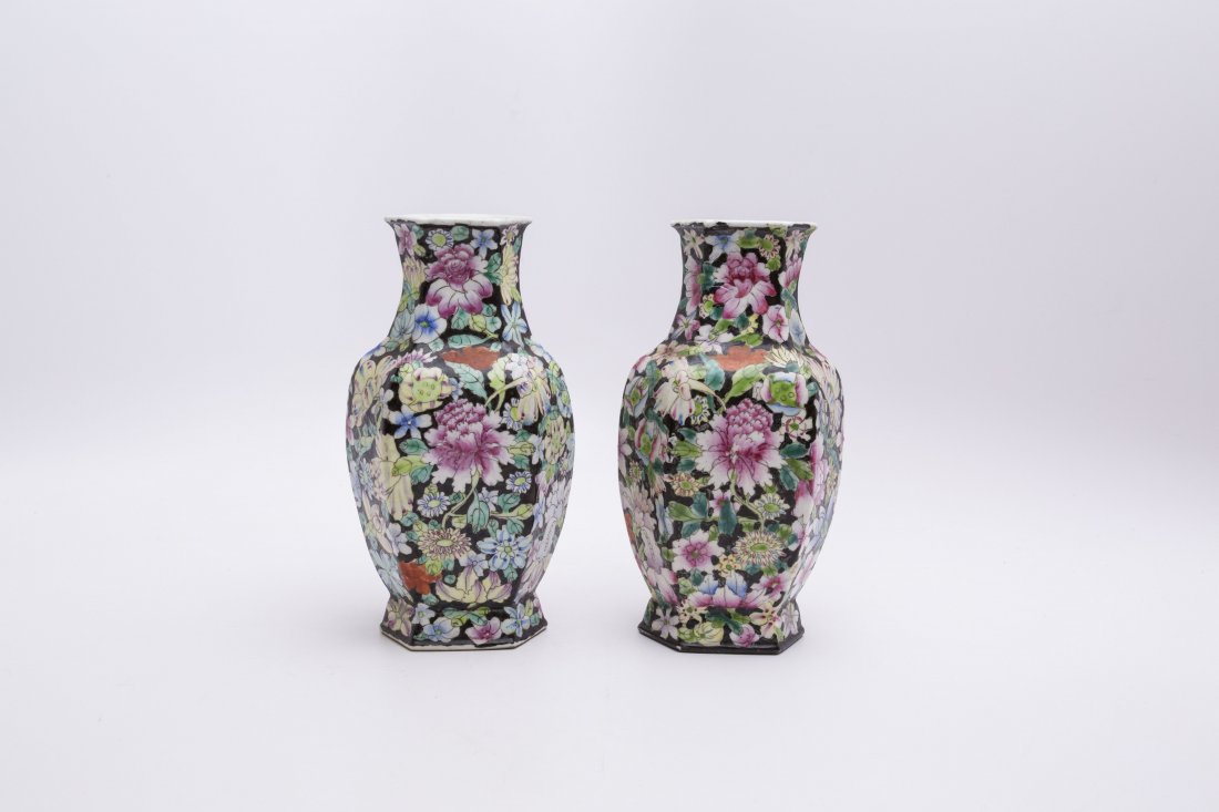 PAIR OF CHINESE FAMILLE ROSE HUNDRED FLOWER VASES: Pair of Chinese Famille Rose Hundred Flower Vases Together with a water pot. H. 9 in.
