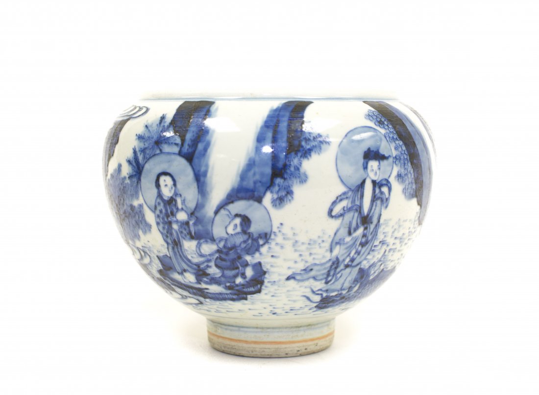 CHINESE BLUE AND WHITE BRUSH WASHER: Chinese Porcelain Blue and White Brush Washer. Figures in the sea and mountain. Ming Dynasty. H. 7 in. Top Diam. 6 in.