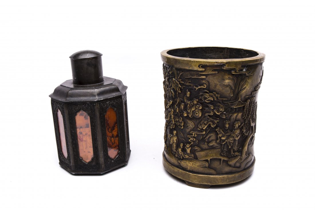 ONE CHINESE BRONZE BRUSH POT AND ONE TIN TEA CONTAINER: One Chinese Bronze Brush Pot Craved with Figures Gathering and One Tin Tea Container. H.
