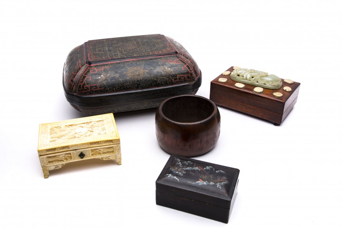 FIVE CHINESE BOXES: Five Chinese Boxes, including one ivory, one lacquered, one jade mounted rosewood and two other boxes. L. 9 in. W. 7 in.