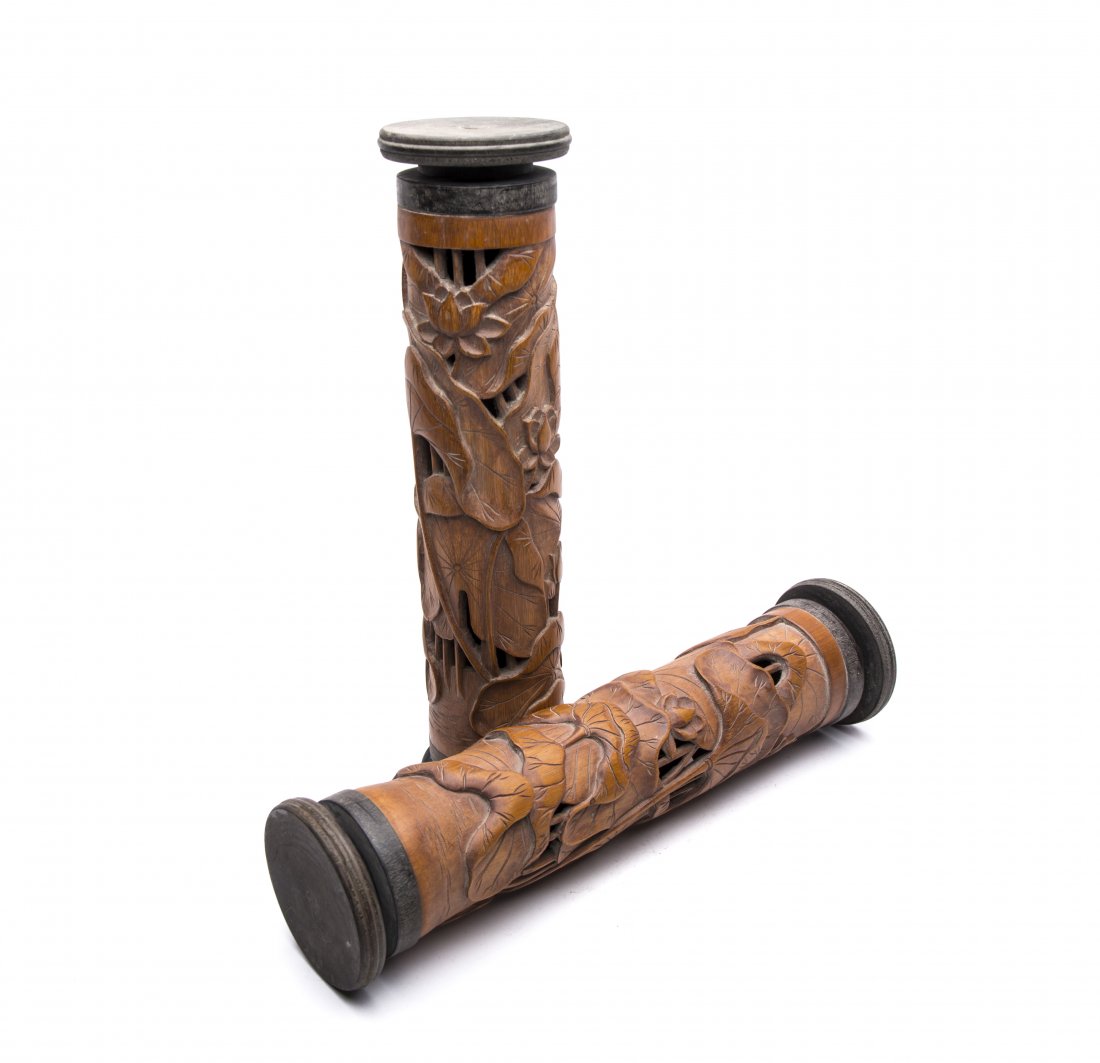 PAIR OF CHINESE BAMBOO INCENSE HOLDER: Pair of Chinese Bamboo Incense Holder. H. 11 in.