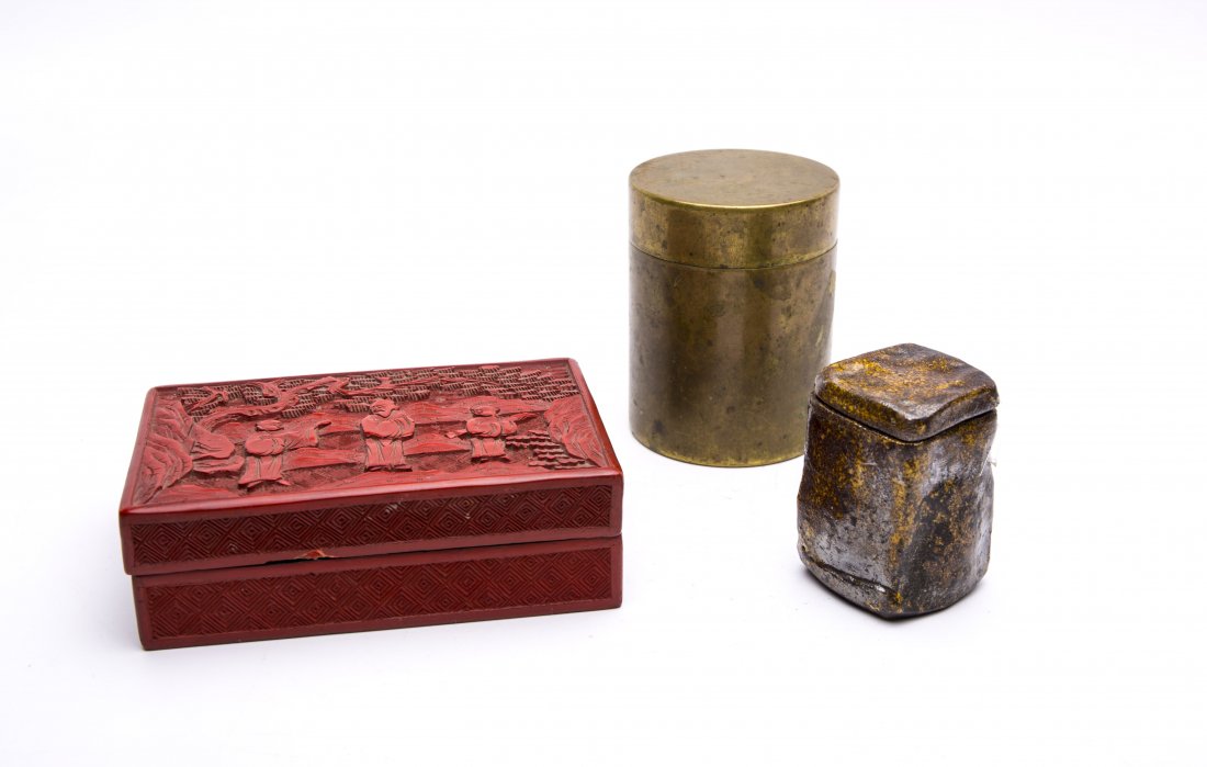 ONE CHINESE BRONZE AND CINNABAR SOAPSTONE BOXES: One Chinese Bronze, One Cinnabar and One Soapstone Boxes. H. 3 1/2 in.