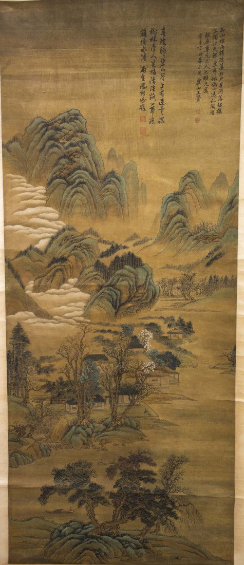 LARGE CHINESE SCROLL PAINTING: Large Chinese Scroll Painting of Mountain views. Signed by Wang Hui. The whole scroll is 39.875"W x 119.75"LThe Painting in the scroll is 32"W x 77.5"L