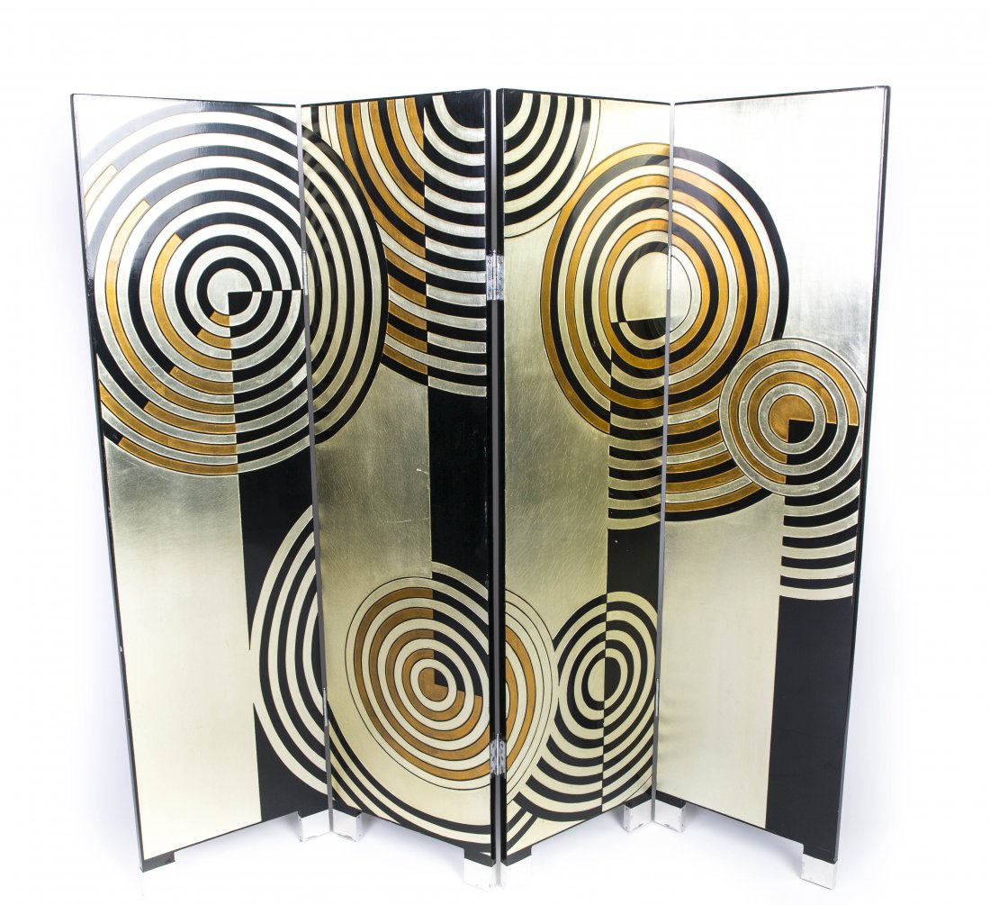 ART DECO STYLE SCREEN Attributed to Donald Deskey: Art Deco Style Screen. Gold and silver lacquer.unique design. Unsigned . Art Deco design 4 sections hinged together.Size: 60"x16" x 3/4 inches each sectionAttributed to Donald Deskey (American, 1894��