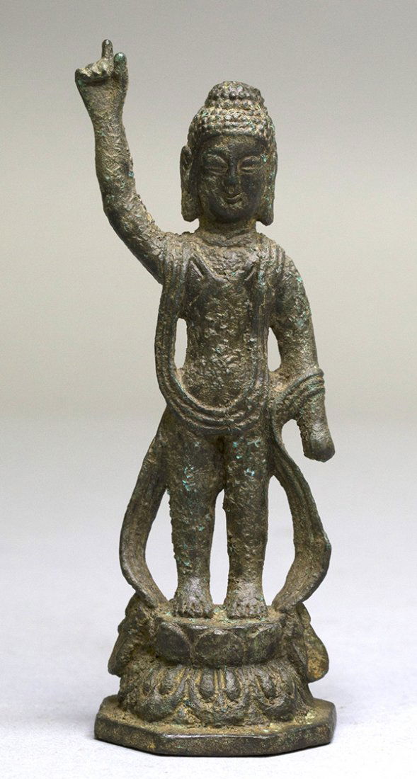 A SMALL BRONZE FIGURE OF STANDING BUDDHA (1 of 5)