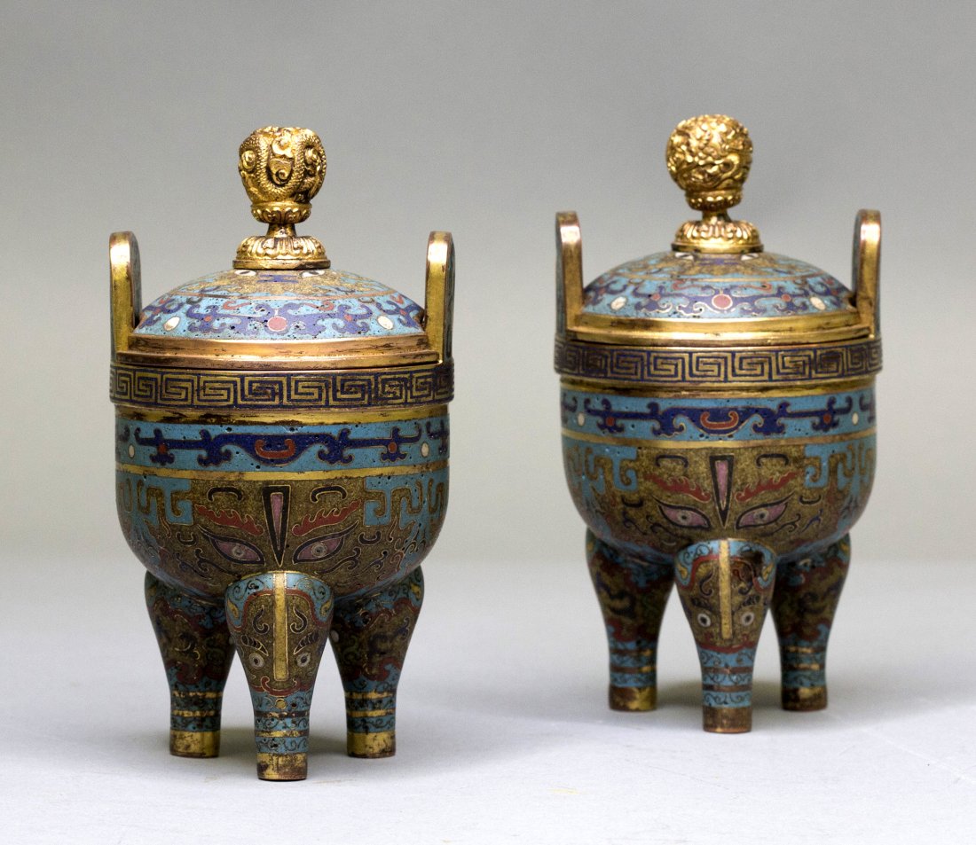 A PAIR OF SMALL CLOISONNE ENAMEL TRIPOD CENSERS AND (1 of 6)