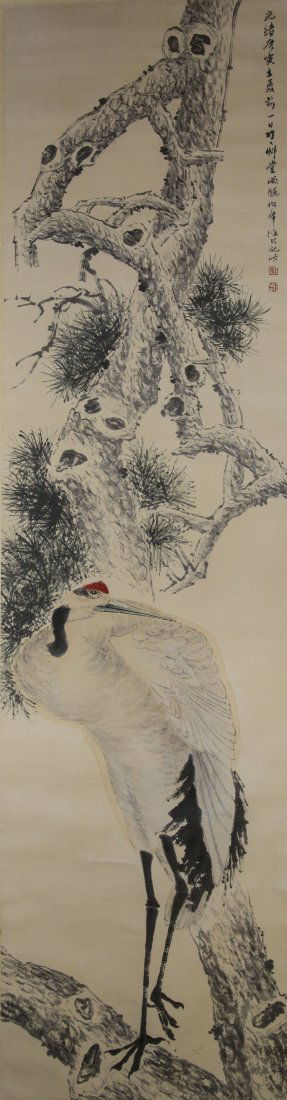 CHINESE SCROLL PAINTING OF CRANE UNDER PINE TREE (1 of 3)