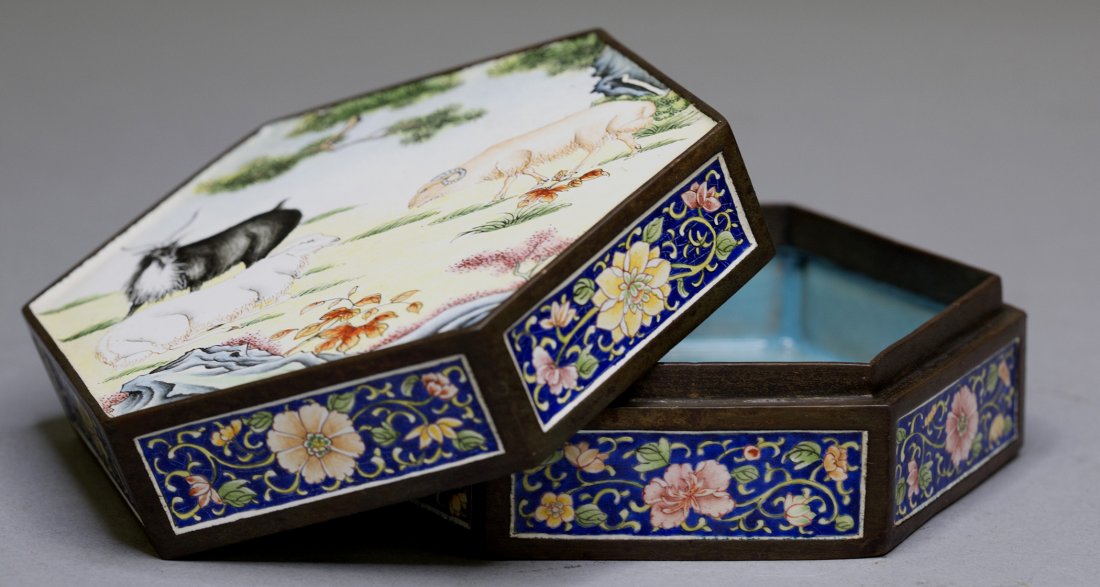 A CLOISONNE ENAMELED HEXAGONAL SHAPED BOX (1 of 3)