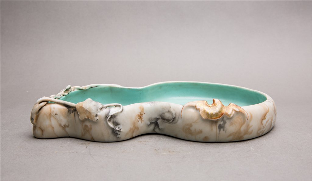 A DOUBLE GOURD SHAPED BRUSH WASHER OF GLAZE IMITATING: A Double Gourd Shaped Brush Washer Of Glaze Imitating Stone lg. 10 in.