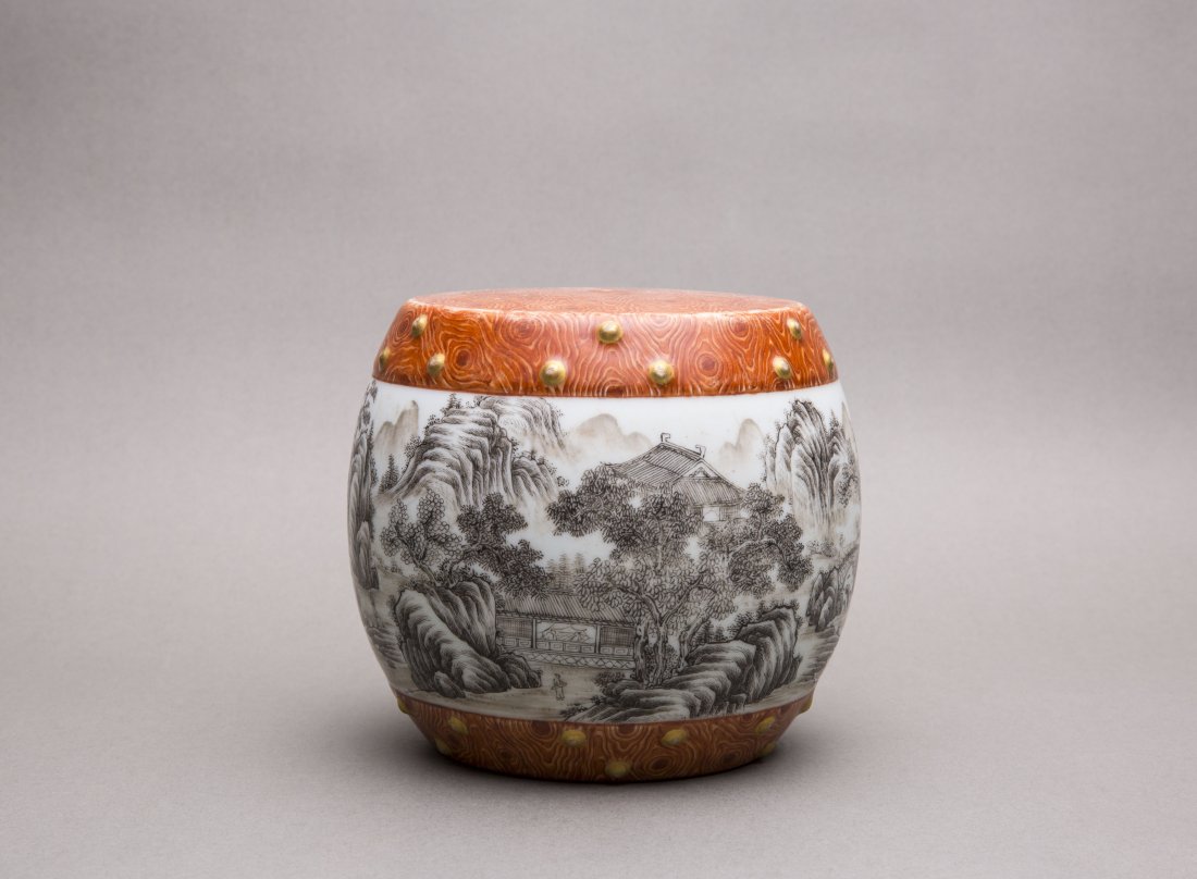 A FAUX BOIS GRISAILLE-DECORATED MINIATURE DRUM STOOL (1 of 6)