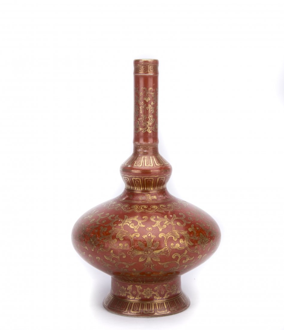 A GILT-DECORATED COPPER-RED GROUND WATER DROPPER (1 of 4)