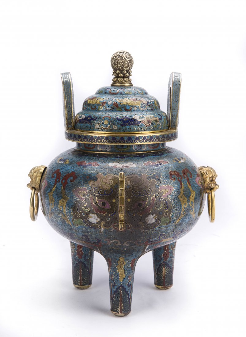 A CLOISONNE ENAMEL TRIPOD CENSER AND COVER (1 of 4)
