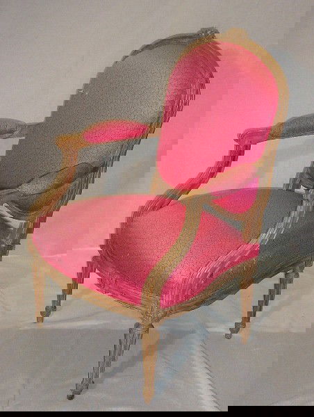 18th/19th C French Louis XVI fauteuil, peg construc: 18th C French Louis XVI fauteuil, peg construction. Paper label Collection Jacques Guerlain (1874-1963). H: 37 3/4" W: 24