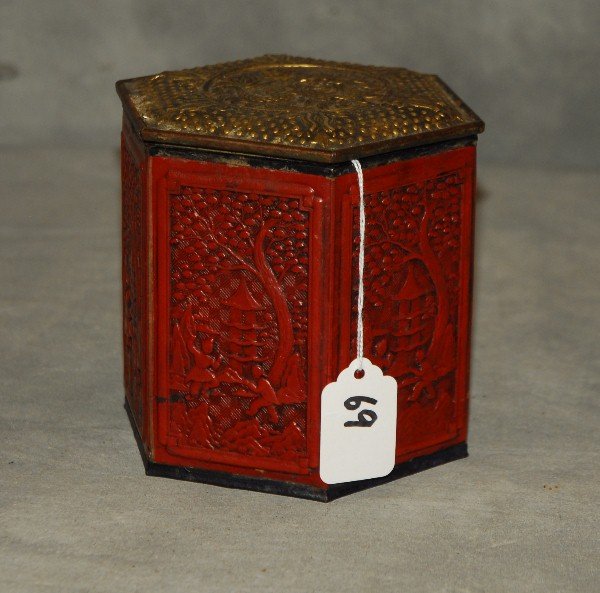 Antique Chinese cinnabar hexagonal covered box. H: 5" (1 of 4)