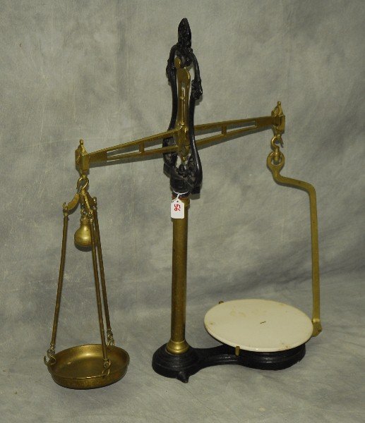 Antique brass and iron beam scale. H: 32" W: 26": Antique brass and iron beam scale. H: 32" W: 26"