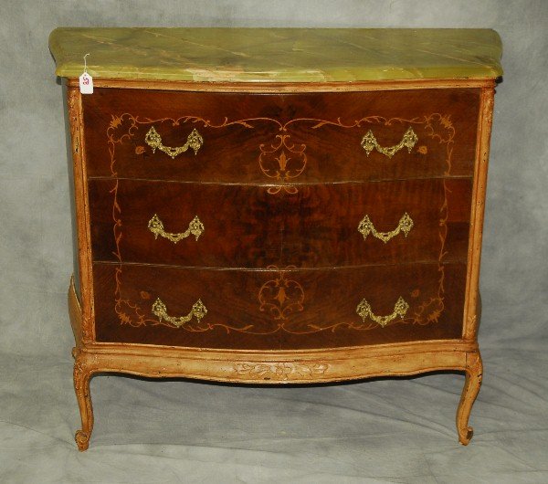 Louis XV style marquetry inlaid onyx top three-drawer: Louis XV style marquetry inlaid onyx top three-drawer commode. H: 37" W: 44" D: 20"