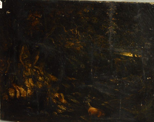 19th c. oil on canvas, Wooded Landscape with Deer. 28" (1 of 4)