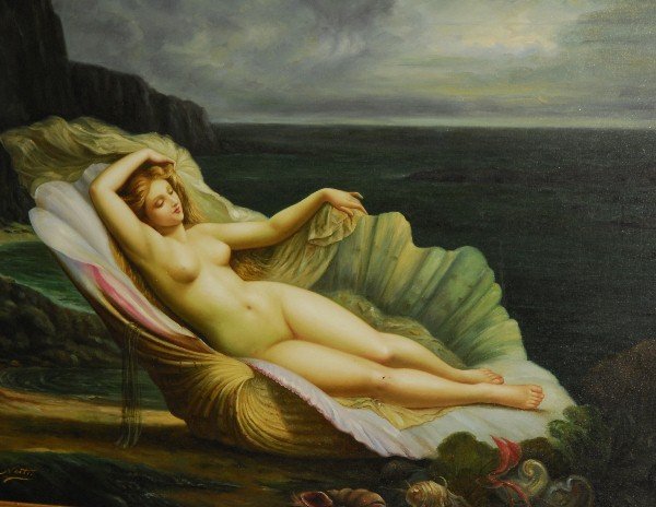 Framed oil on canvas Birth of Venus, signed lower left.: Framed oil on canvas Birth of Venus, signed lower left. Overall: 39" x 48"