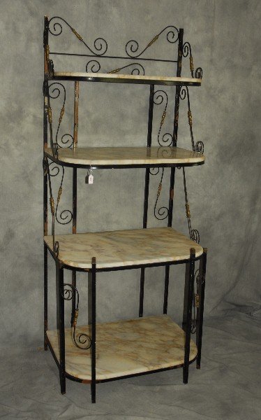 French iron bakers rack with marble shelves. H: 79" W: (1 of 3)