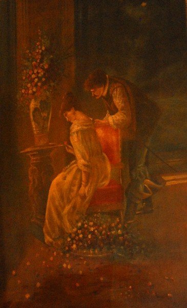 Large 19th c. French oil on canvas, Courting Couple (1 of 7)