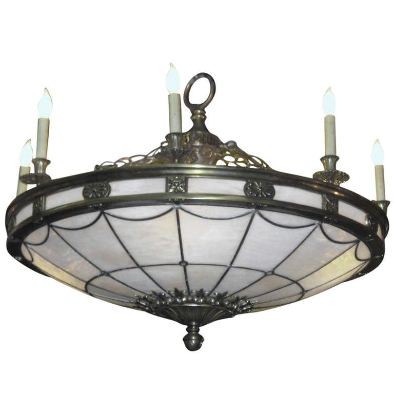 Large bronze and slag glass 12-light chandelier. H: 24" (1 of 3)