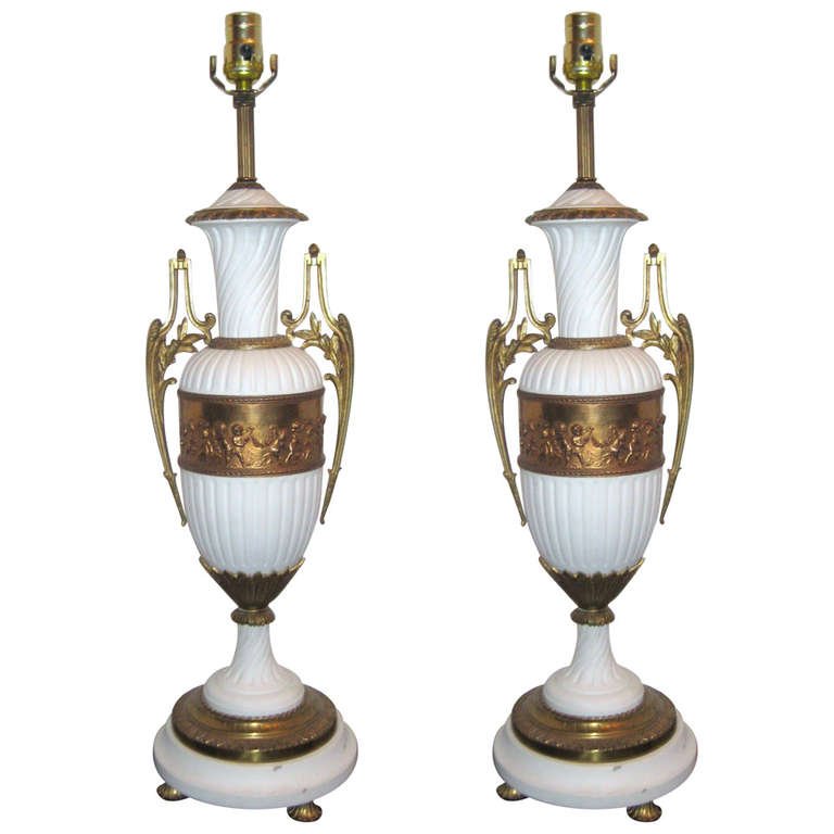 Pair of French bronze mounted bisque lamps. H: 35" Urn (1 of 4)