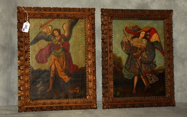 Two Cusco School oils on canvas, Archangels, signed:: Two Cusco School oils on canvas, Archangels, signed: Raphael Robles. Sight size: 14" x 10"
