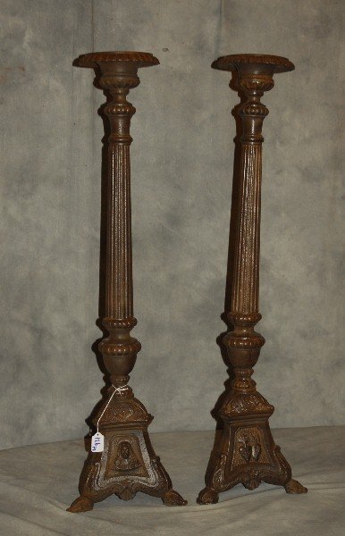 Pair of antique iron pricket sticks. H: 39" (1 of 3)