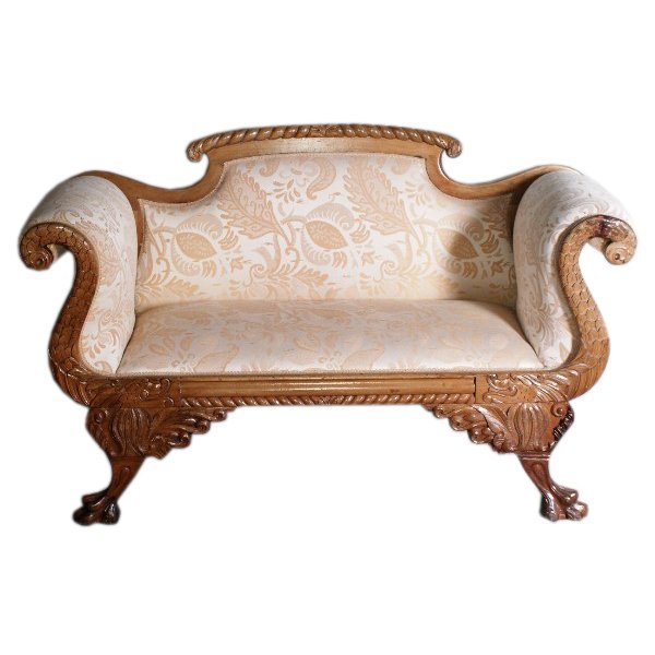 19th c. Empire carved mahogany settee with paw feet. H: (1 of 3)