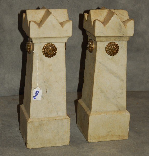 Pair of bronze mounted marble obelisks. H: 18" (1 of 2)