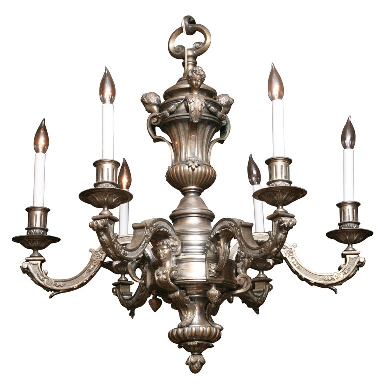 Continental silvered bronze 6-light chandelier. H: 32" (1 of 8)