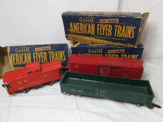 American Flyer Train Cars with Original Boxes -: 630 Reading Caboose, 633 Box Car, and 631 Gondola. (box car box not numbered and boxes are rough) 3/16" Scale