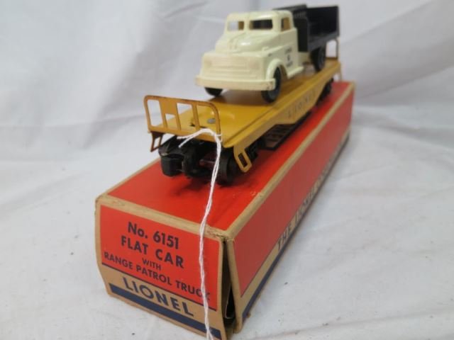 Lionel Postwar No. 6151 Yellow Metal Flat Car and: Range Patrol Truck with Original Box