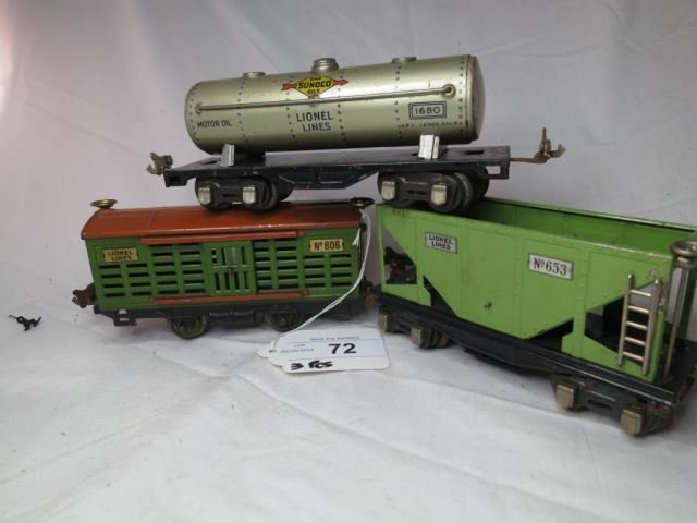 Three Prewar Tin Lionel Train Cars - 806 Box Car,: 1680 Sunoco Tanker, and 653 Hopper