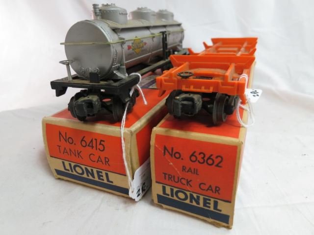 Lionel Postwar No. 6415 Tank Car Sunoco with: Original Box and No. 6362 Rail Truck Car (missing rails) with Original Box
