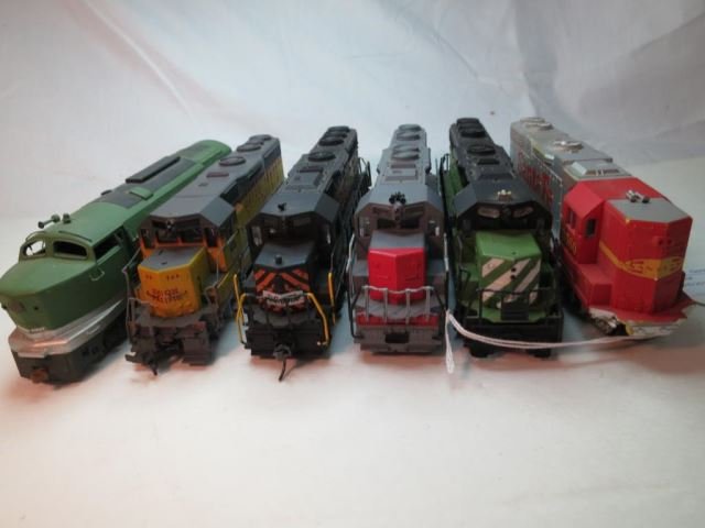 Group Lot of Six HO Engines - Atlas Southern: Pacific 6912 (rear wheels loose), Life Like 20795 Santa Fe, Tyco 837, Atlas Rio Grande 3084, Bachmann 2070 Burlington Northern, and Bachmann 749 Union Pacific.