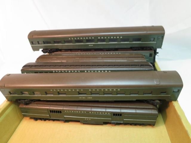 Group Lot of Fifteen Rivarossi HO Long Pullman /: Passenger Cars Green and Brown Allegheny Southern 2347, 446, 456, Keuka Lake, 123, 100, US Mail, 2949, 2270, 328, 2344, 101, and others. (condition varies, a few are missing wheels)