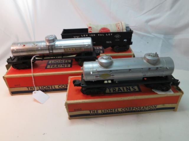 Three Lionel Train Cars - Two Tankers with Boxes: 6465 & 6415, and No. 6456 Hopper Car with Original Box