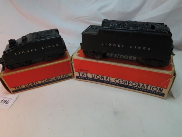 Two Lionel Tenders with original boxes, No. 1615T: and No. 6466WX Whistle Tender.