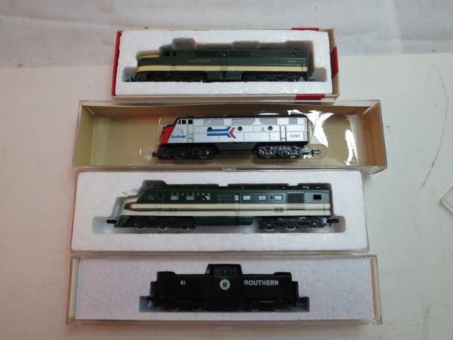 Four Concor N Scale Engines - Southern Switcher,: BL109 Southern Engine, Southern Powered PA-1, and F3 Diesel Amtrak Engine all in boxes.