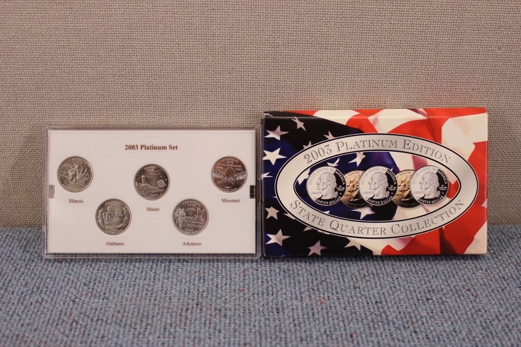 2003-2004 United States Quarter Collection: 1. 2004 Gold Set of 5 24k Layered Gold State Quarters. 2. 2004 Denver Mint Set of 5 State Quarters. 3. 2004 Platinum Set of 5 Platinum Layered State Quarters. 4. 2003 Platinum Set of 5 Platinum Layere